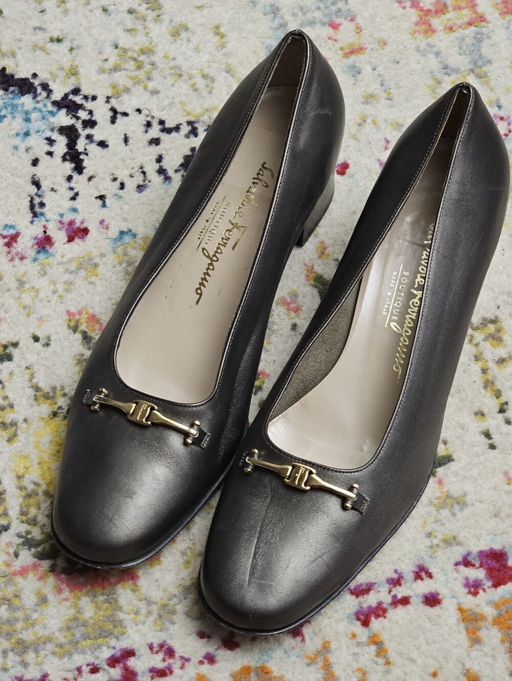 SALVATORE FERRAGAMO Gray Metallic Block Heel Womens Size 11 B Old Money
